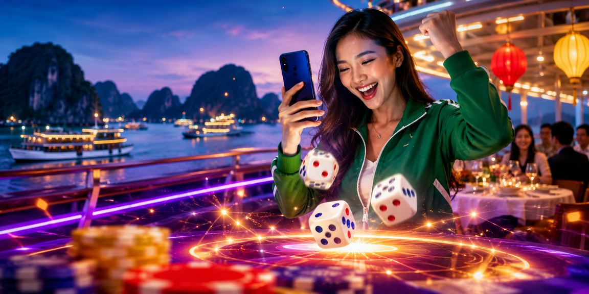 Bàn tài xỉu neon về đêm tại khu vực Hạ Long Bay, không khí cá cược sôi động